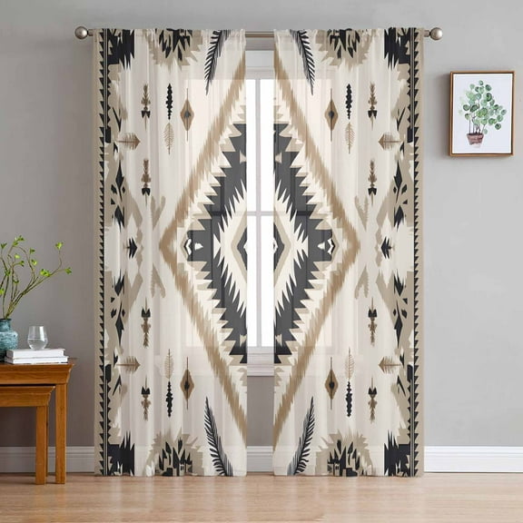 Boho Black Brown Sheer Curtains 63 Inches Length 2 Panels Set, Window Sheer Curtains for Living Room/Bedroom, Retro Geometric Southwestern Ethnic Light Filtering Rod Pocket Curtain 52'' x 63'' x 2