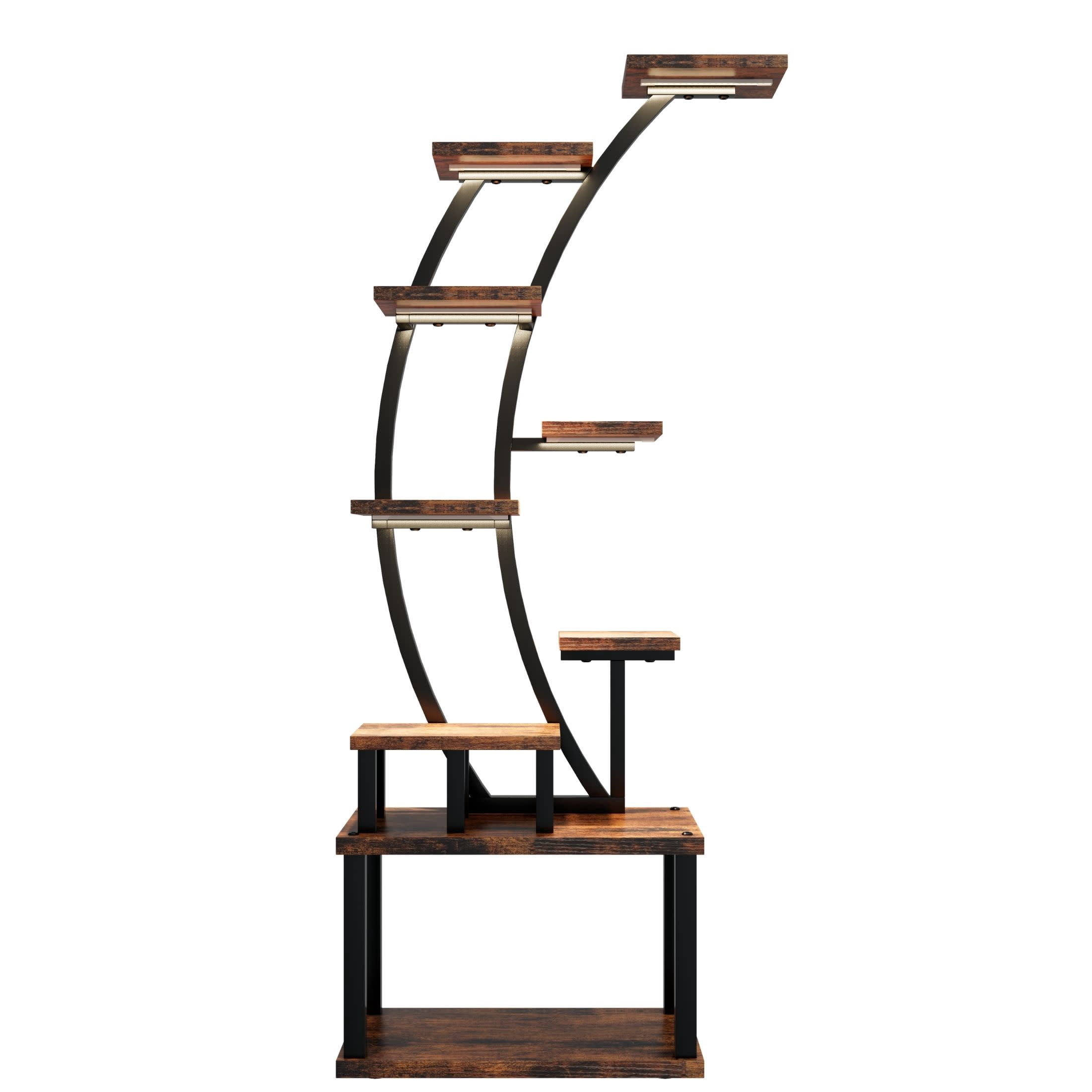 Noble House 64" 9-Tier Half-Moon Indoor Plant Stand, Wood Multi-Plant Display Rack with 5 Grow Lights, Rustic Brown