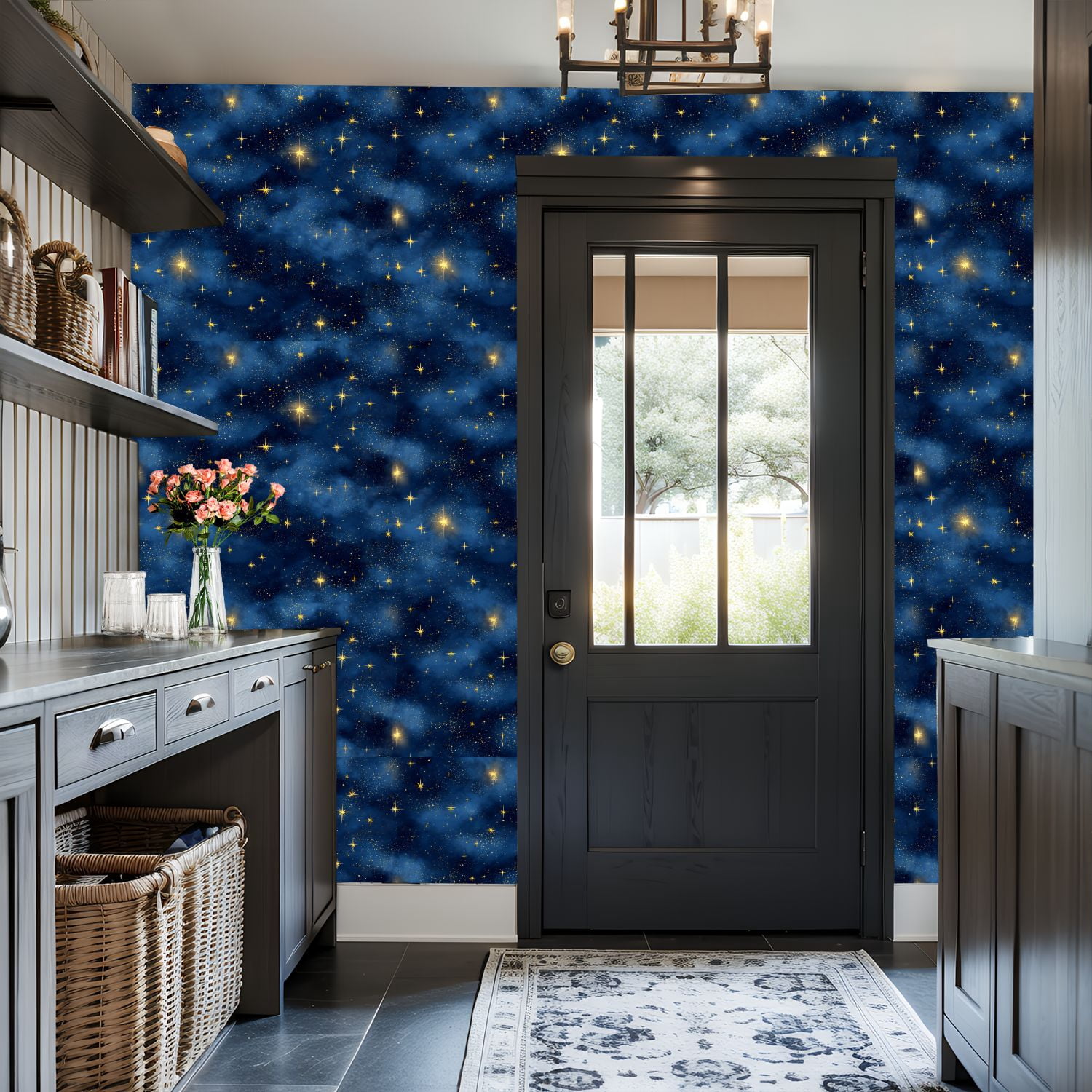 Peel and Stick Wallpaper Starry Night Sky Glowing Golden Stars Blue Nebula Clouds Wall Mural 17.7in x 9.8ft Self Adhesive Removable Wall Paper Renter Friendly Wallpaper for Nursery Bedroom
