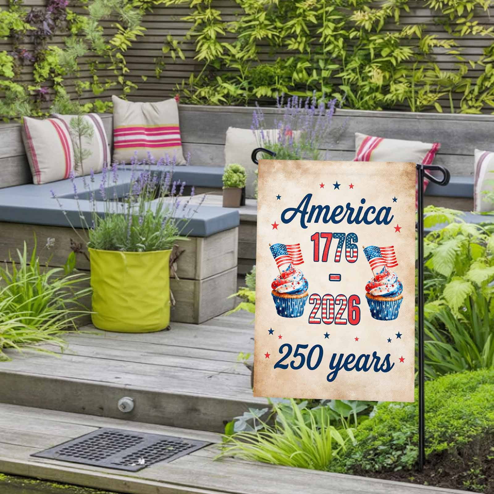 4th of July Garden Flags America 250 Years Garden Flag Double Sided Welcome Flag Cupcakes USA Flag Retro Independence Day Yard Flags for Outdoor Lawn Porch Memorial Day Holiday Decor 28x40 Inch