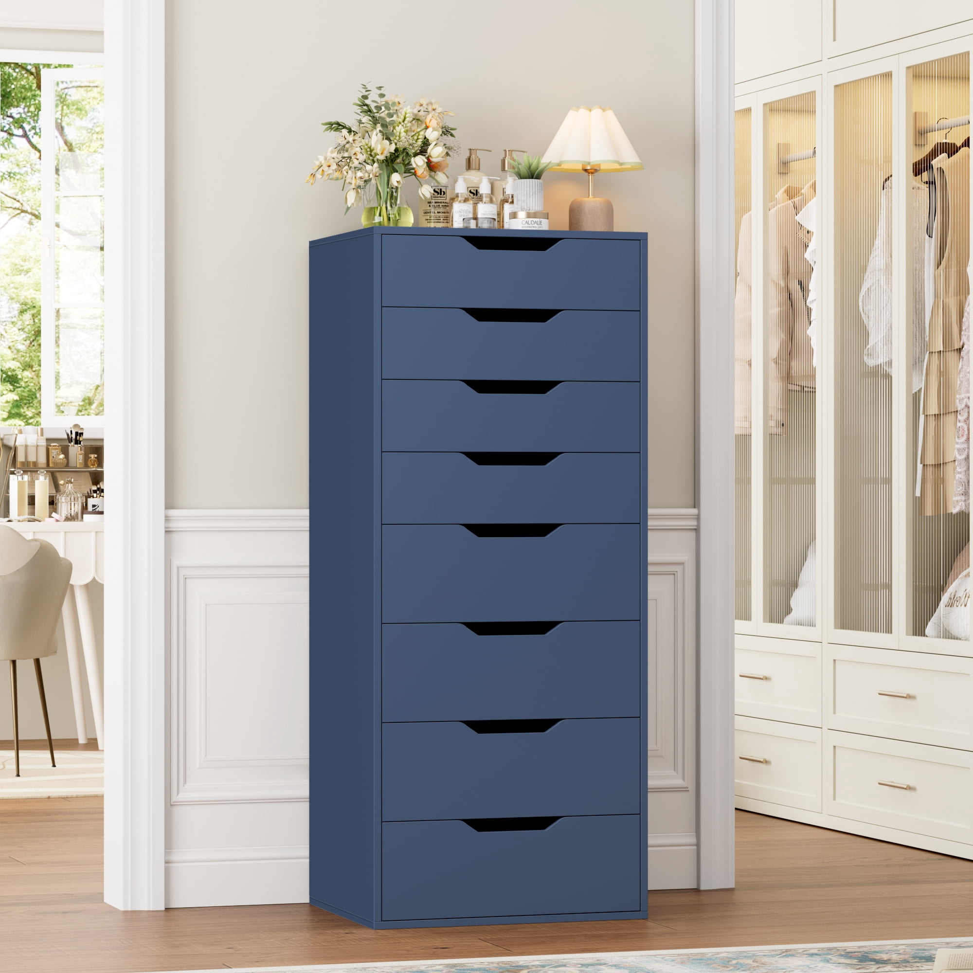 Homfa Compact 8 Drawer Bedroom Dresser for Small Spaces, Wood Tall Chest of Drawer, Blue