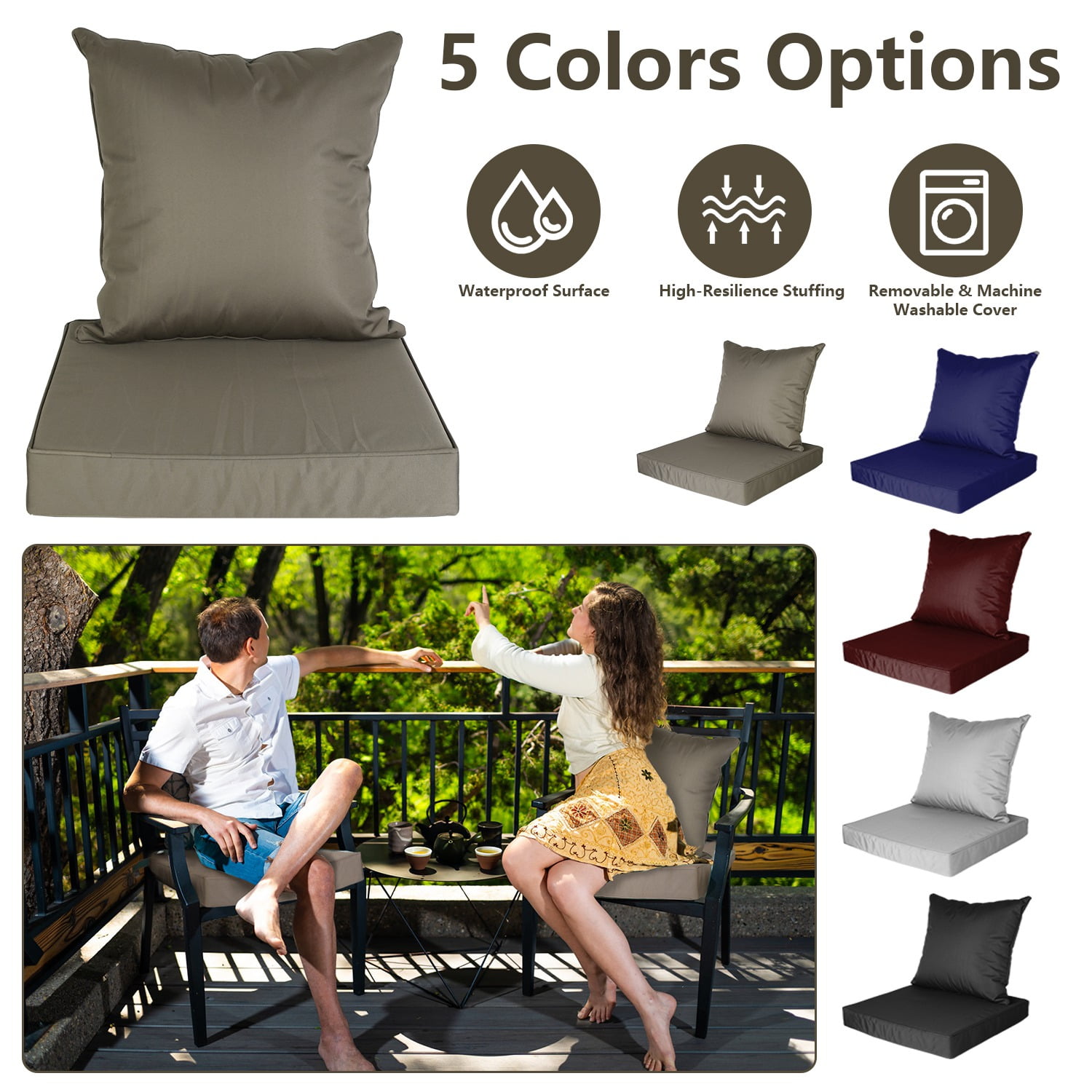 Outdoor Seat Cushion Set TeqHome 18" Square Pillow 19" Square Seat Cushion Waterproof Removable Cover Deep Seat & Back Cushion for Chair Sofa Couch Dark Grey