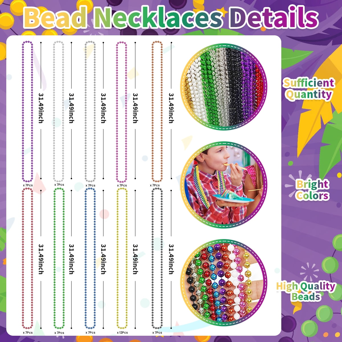 Mardi Gras Beads Necklace Mardi Gras Accessories Metallic 10 Kinds Bead Necklace Disco Party Favors Neon Jewelry for Women Men Festival Parade Throw Accessories 75Pcs