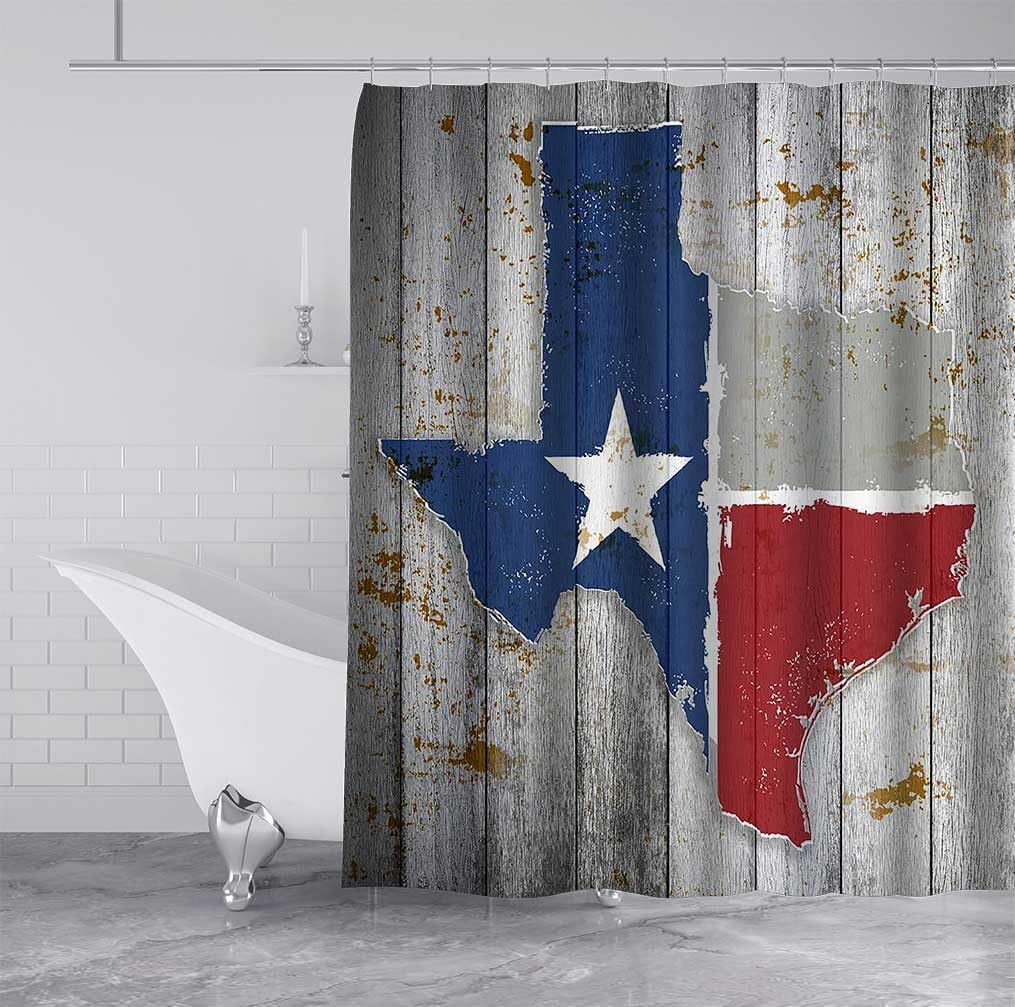 Texas Map Shower Curtain, Western Shower Curtain, Blue Red Texas Star Flag Lone Star Country Vintage Rustic Farmhouse Bathroom Decor, Waterproof Fabric Grey Shower Curtain, 72 X 72 Inch