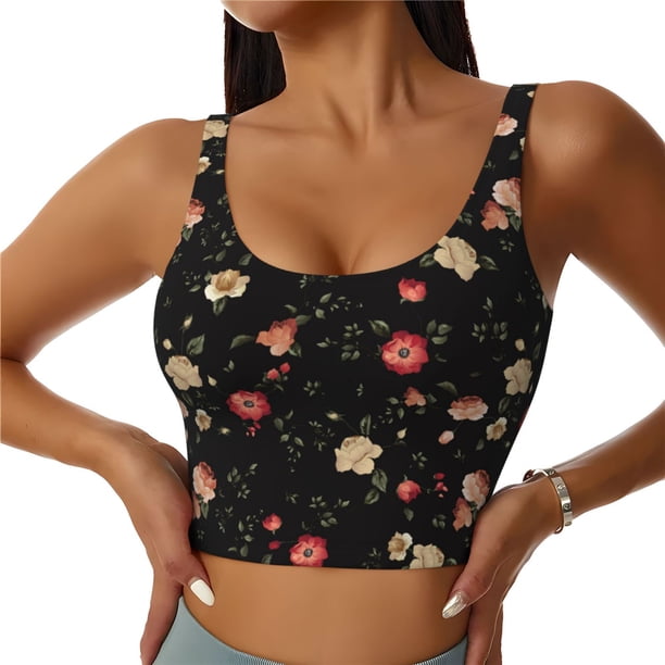 Balery Red White Flowers Sujetadores deportivos con espalda cruzada para mujer, acolchados, sin costuras, de alto impacto, ideales para yoga, gimnasio, entrenamiento y fitness.-Small