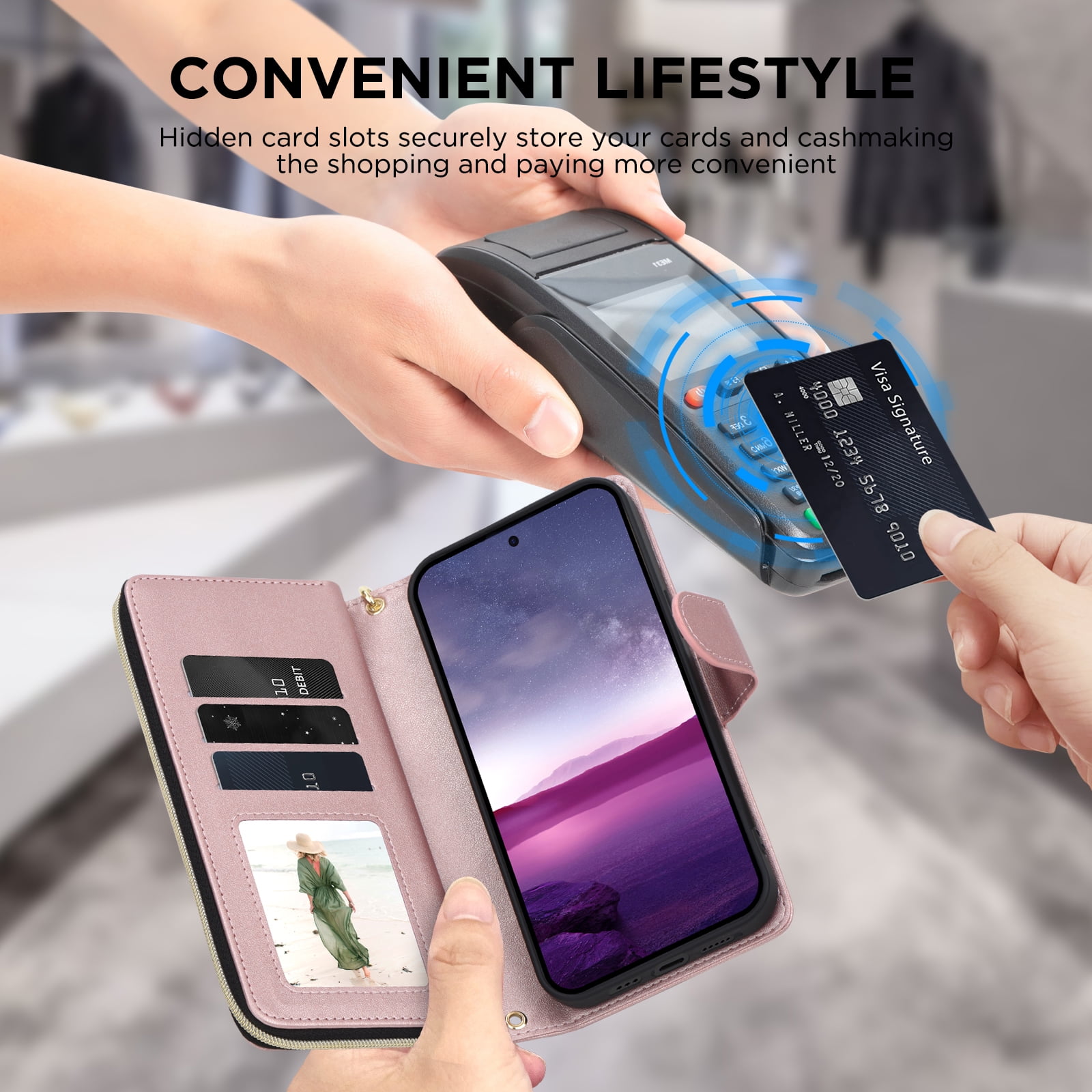 for Samsung Galaxy A26 5G Crossbody Wallet Case with 9 Card Holders, Cash Slot, Photo Slot, Zipper Pocket PU Leather Magnetic Snap Wallet Phone Case with Flip Stand & Wrist Strap & Lanyard, Rosegold