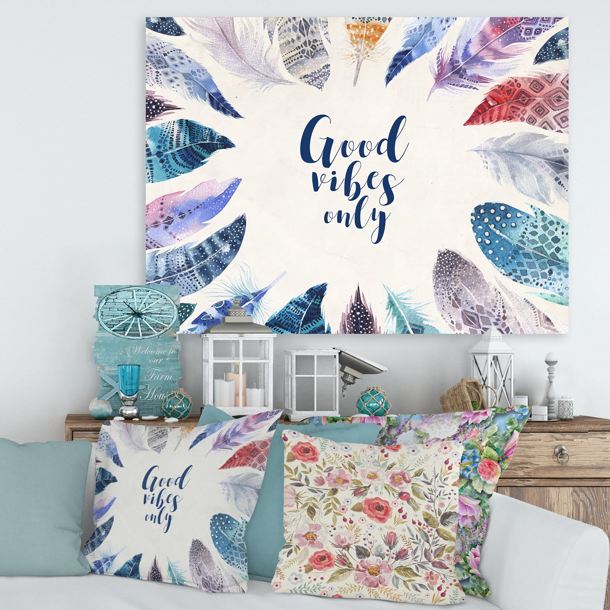 Designart ' Good VIbes Only Under Vibrant Blue Feathers ' Bohemian & Eclectic Canvas Wall Art Print