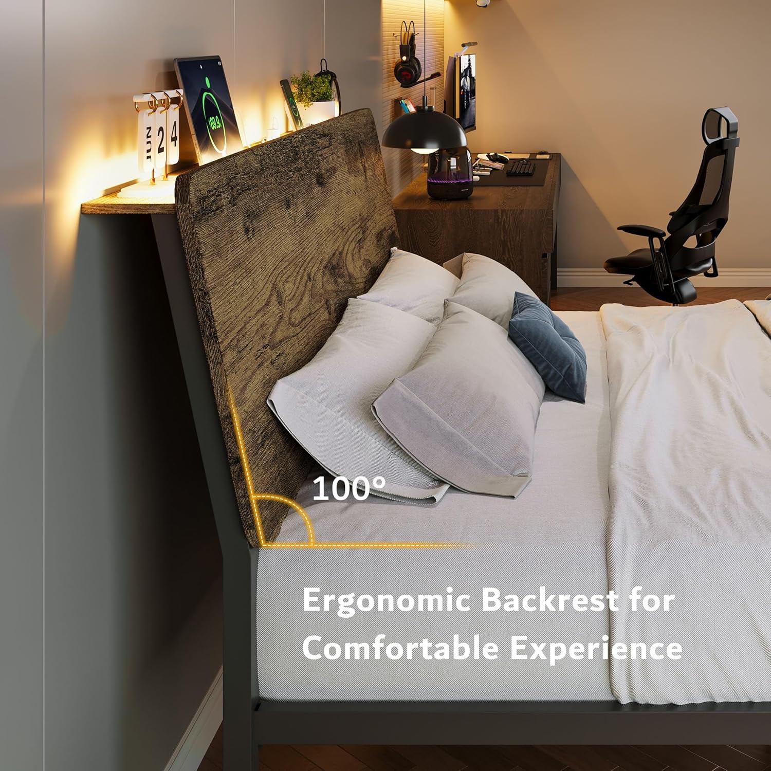 iPormis Full Size Bed Frame with Ergonomic Storage Headboard & Charging Station, LED Platform Bed Frame, Heavy Duty Metal Slats, No Box Spring Needed, Easy Assembly, Rustic