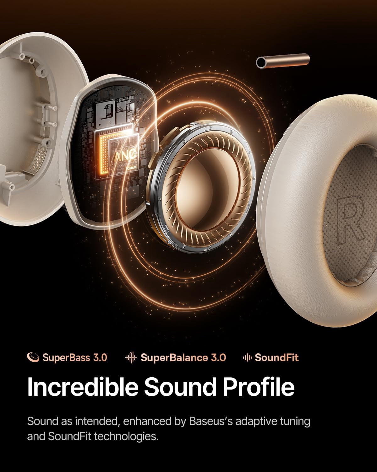 Baseus Inspire XH1 Adaptive Noise Cancelling Headphones, Hi-Res Audio, 100H Playtime, Over-Ear Wireless Bluetooth Headset for Commute, Travel & Calls, White