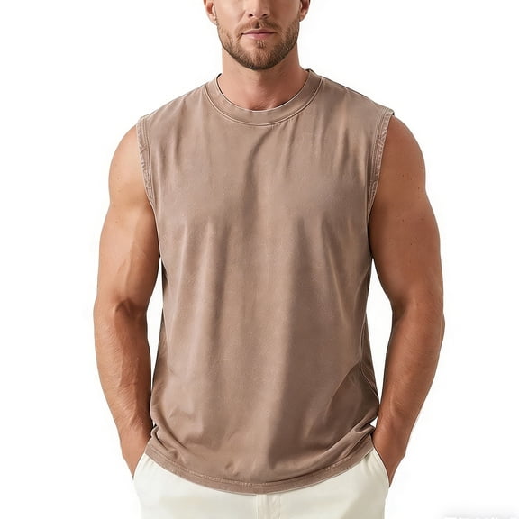 Fewfanhot Men's Washed Vintage Sleeveless Tank Top, Casual Round Neck Cotton Blend Vest Summer Daily Outdoor Gym Wear Tops, Sizes S-3XL