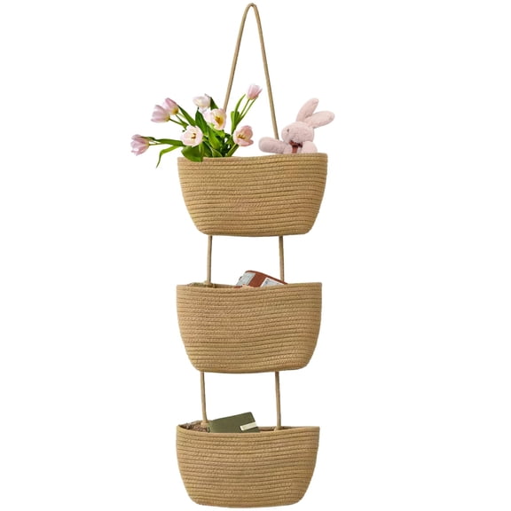3-Tier Wall Hanging Storage Basket, Woven Cotton Rope Basket Organizer, Nursery Organization Basket, Khaki Over The Door Basket Organizer for Living Room, Bedroom, Kitchen
