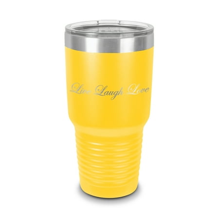 

Live Laugh Love Tumbler 30 oz - Laser Engraved w/ Clear Lid - Stainless Steel - Vacuum Insulated - Double Walled - Travel Mug - heart hearts life - Yellow