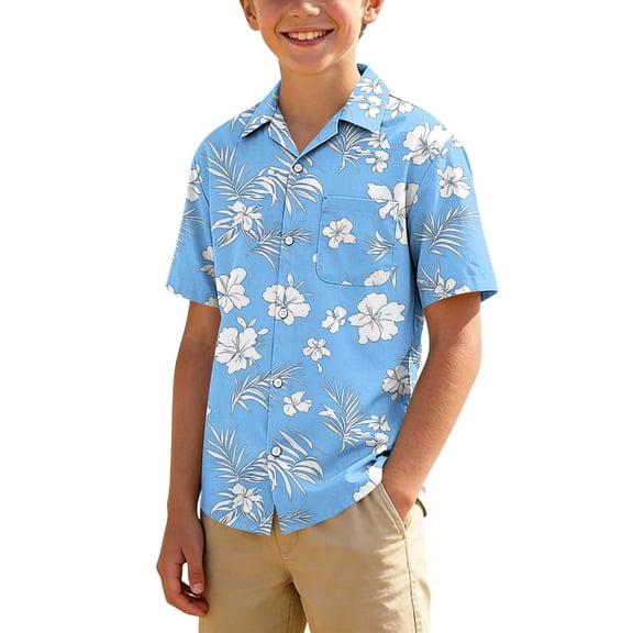 FSYBOA Boys Button Down Shirts, Casual Holiday Collared Short Sleeve Kids Hawaiian Shirts Light Blue Size 9-10T