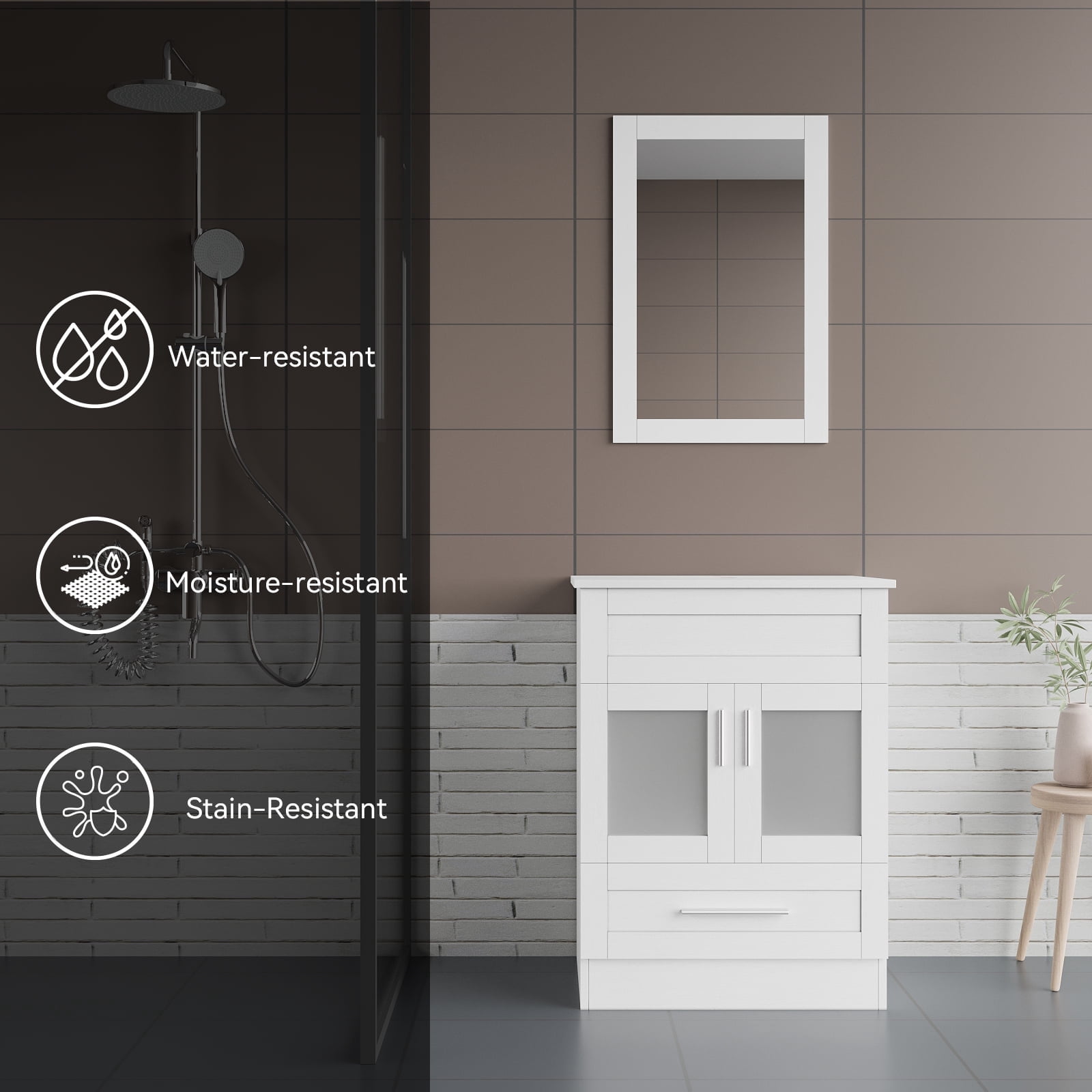 FULLWATT 24" Vanity Bathroom Cabinet with Mirror and Vessel Sink Bowl Faucet Combo Set
