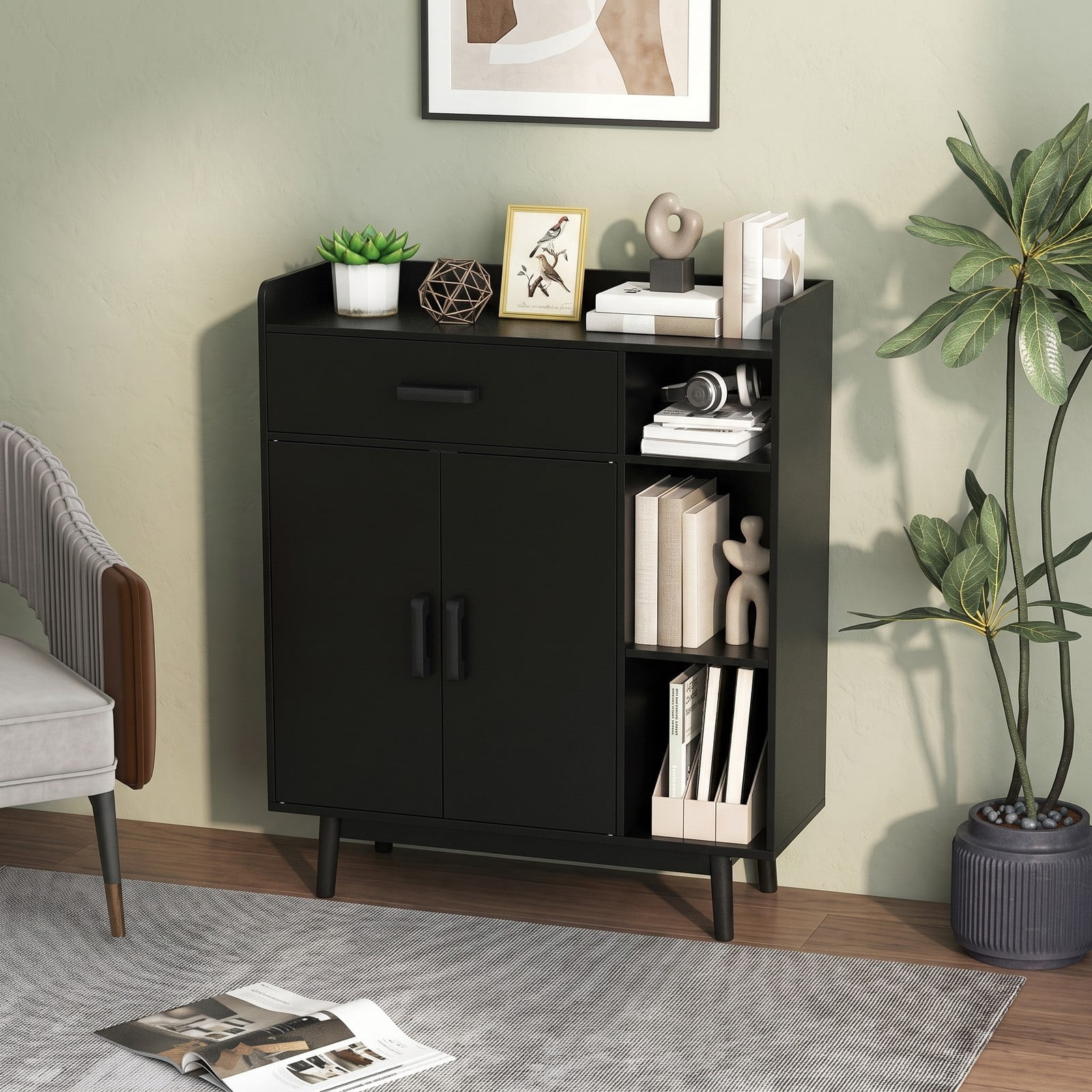 Furnibear Floor Storage Cabinet Free Standing Cupboard Chest with Drawer, Double-Door Cabinet, Adjustable Shelf and 3 Open Display Shelves for Living Room, Black