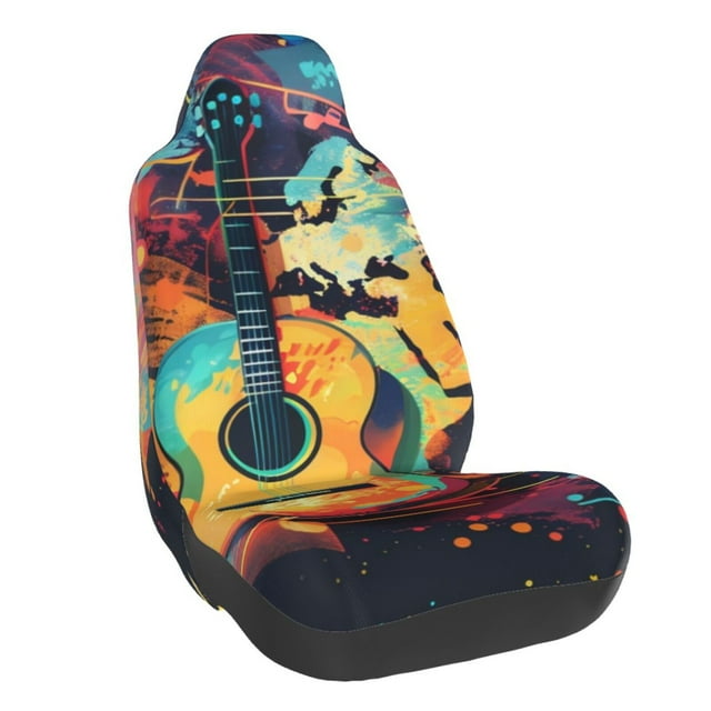Wukai World Map Guitar Illustration Full Set Car Seat Covers with Soft Padding Universal Auto Front Seats Protector and Cushion Mat