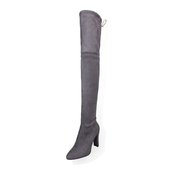 Gyexs Thigh High Boots for Women Stretch Suede Chunky Heel Over The Knee Boots Fall Winter Footwear Knee High Boots Grey Size 8