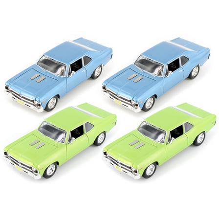 1970 Chevy Nova SS Hardtop, Blue & Green - Showcasts 37262 - 1/24 Scale Set of 4 Diecast Model Cars