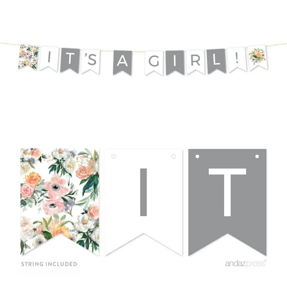 Peach Coral Floral Garden, It's a Girl! 5-Feet Hanging Pennant Party Banner with String
