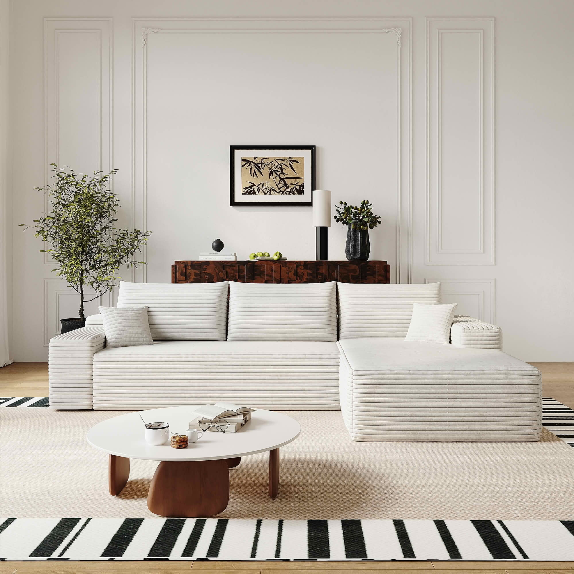 MAYEERTY 107" Cloud L-Shaped Modular Sectional Sofa with Chaise, Plush Corduroy Deep Seat 3-Seater Couch, Sofa for Living Room Bedroom, No Assembly Required, White