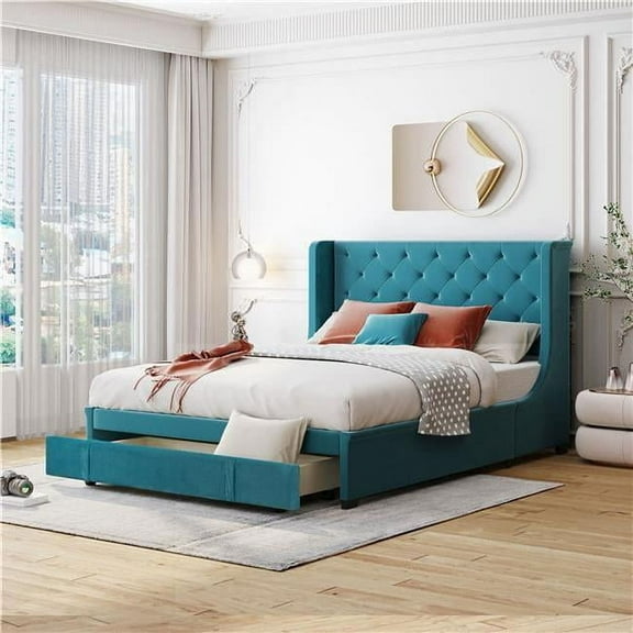 Direct Wicker UBS-LP000814AAC Queen Size Storage Bed Frame Velvet Upholstered Platform Bed with Wingback Headboard and a Big Drawer (Blue)