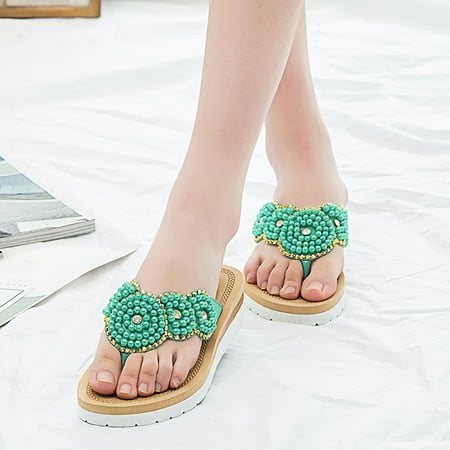 

B91xZ Flip Flops For Women Women s New Flower Pearl Sandals Foreign Trade Large Size Sandals Size 6.5