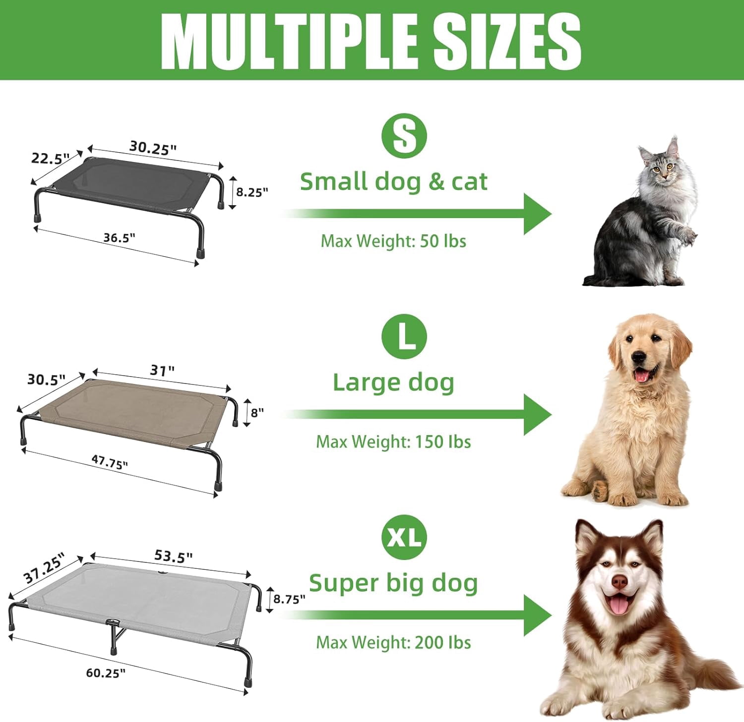 General Raised Dog Bed for Extra Large Dogs, Waterproof XL Dog Cot, Outdoor Elevated Pet Bed, 60.25" x 37.25", Grey