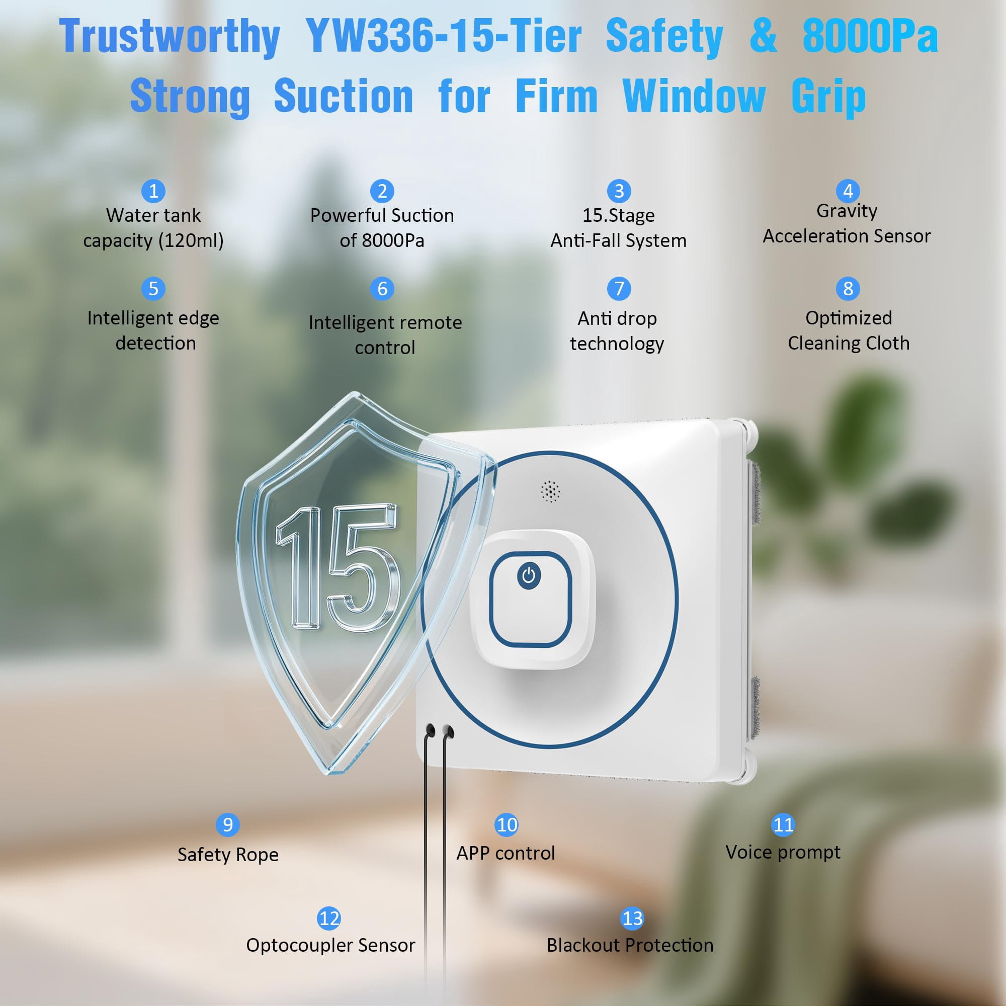 Window Cleaner Robot with 2 Pads, 8000Pa Suction Dual Direction Auto-Spray Windows Cleaner with 4 Cleaning Modes - Intelligent Path, Edge Detection, Remote Control, 15-Stage Anti-Fall System