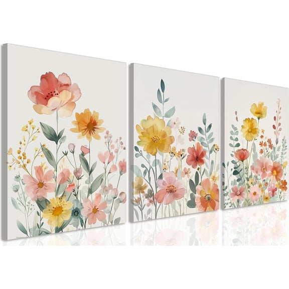 Wood Framed Flower Market Canvas Wall Art set of 3 - Vintage Colorful Floral Pictures Wall Decor, Abstract Botanical Aesthetic Paintings Prints for Bedroom Living Room Office 12x16 inch