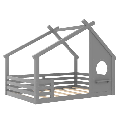 Bellemave Full House Floor Bed with Window and Shelf, Solid Wood Montessori Bed with Roof, Low to Ground House Bed with High Fence for Bedroom, Grey