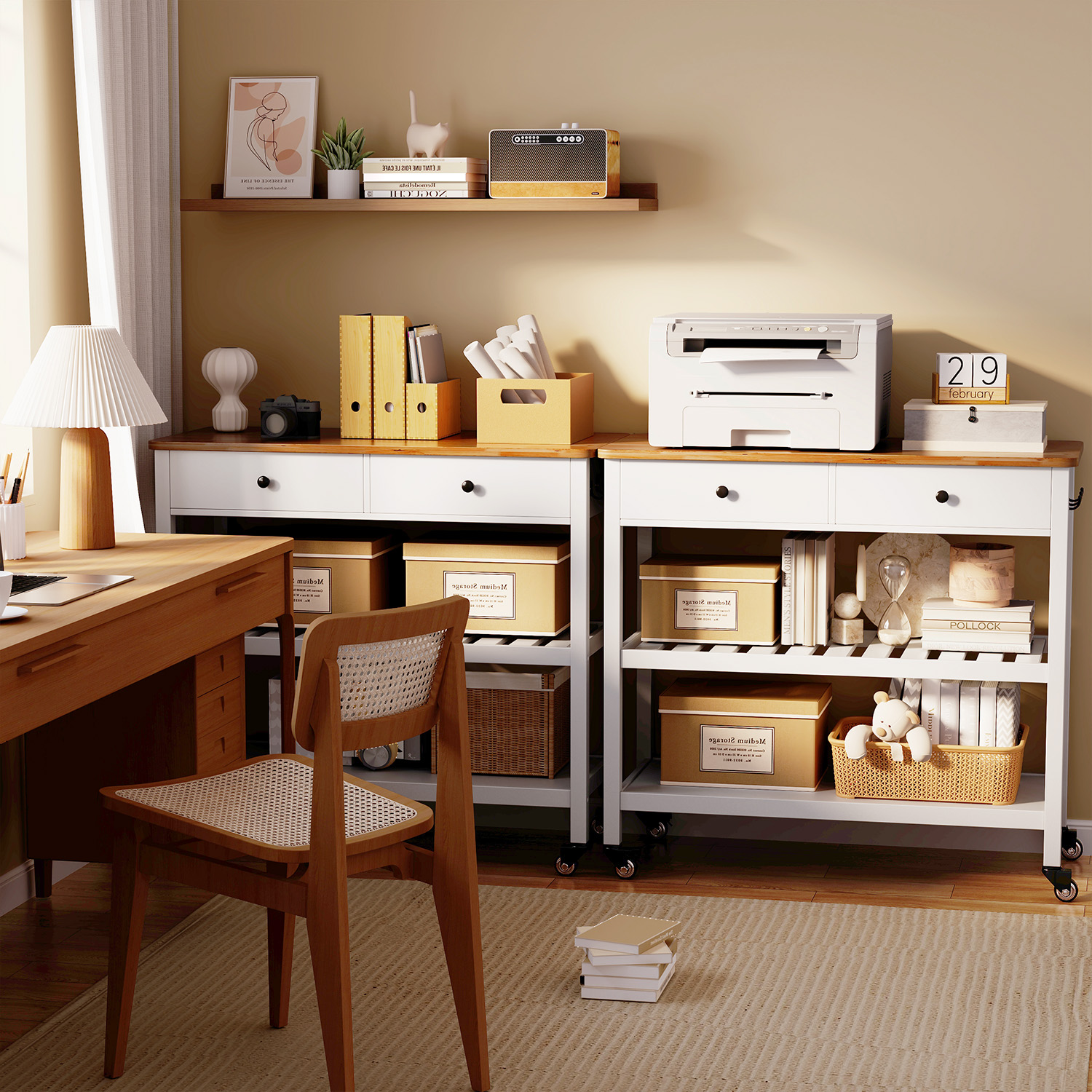 Kitchen Island Cart on Wheels with 2 Open Tiers Storage Shelves, White