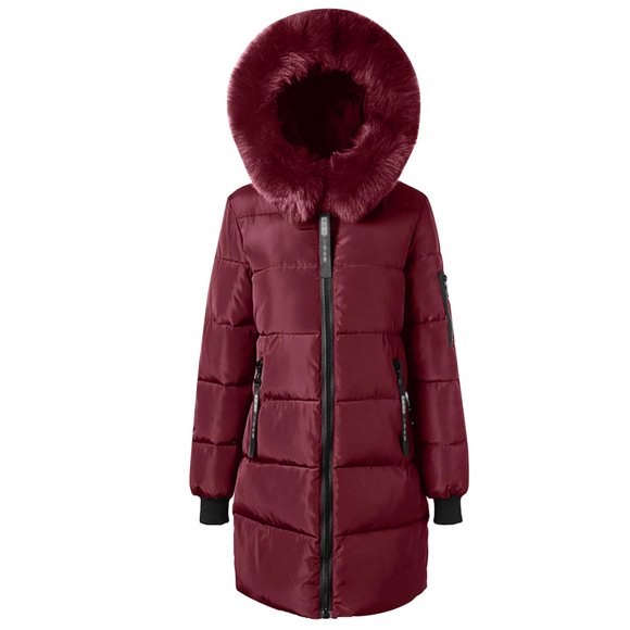 WRKEKC Down Jackets for Women Fall and Winter Solid Color Long Hooded Warm Pocket Cotton Coat Long Sleeve Casual Outerwear
