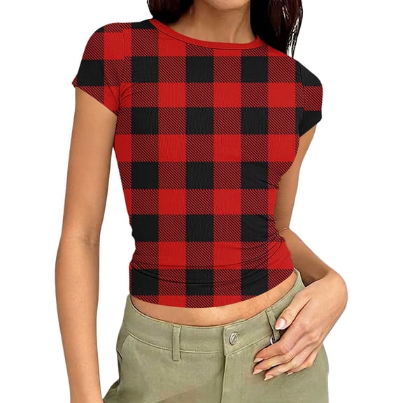 Qgtaibl Womens Cropped Plaid Shirts Ribbed Knit Crewneck Short Sleeve Blouse Summer Slim Fit Pullover Tops Soft Comfy Daily Tees Red S