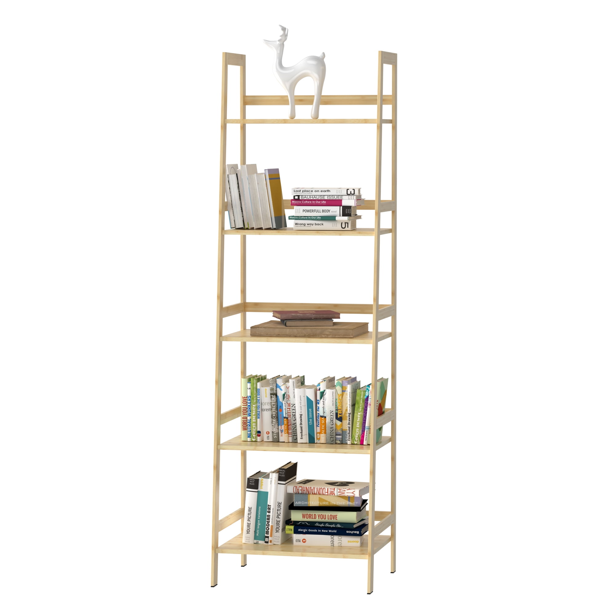 Kadyn 5-shelf Ladder Bookcase, Plant Flower Stand, Freestanding Bamboo Frame Storage Rack Shelf, Wood Color