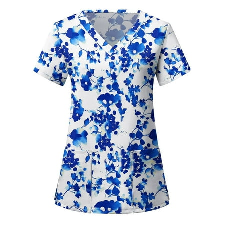 

Xysaqa Tops Tank Top For Women Scrubs For Women Short Sleeve V-Neck Tops Uniform Printed Pockets Blouse Tops Womens Tunic Tops On Clearance
