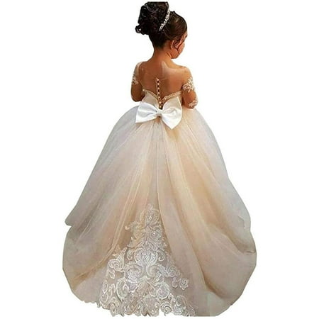 

EnJoCho Little&Big Girls Junior Dresses Baby Girl Long Sleeve Tulle Princess Dress Flower Child Wedding Dress Train Lace Dress for 1 To 16 Years Christmas Holiday Prom Party Fall Homecoming Dresses