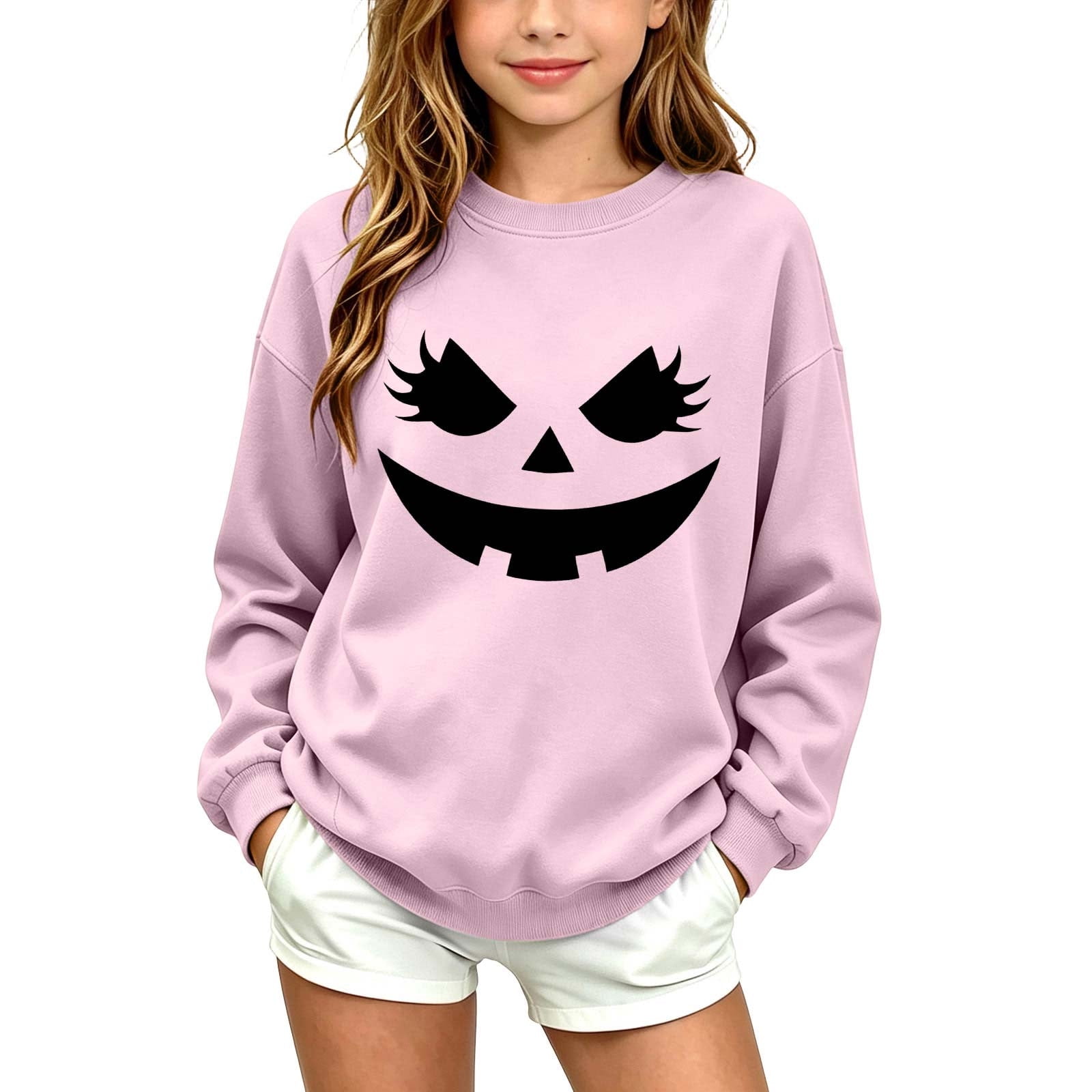 LUGOGNE Kids Halloween Sweatshirt Boys Girls Long Sleeve Crewneck Pullover Sweatshirts Funny Eyelash Pumpkin Face Print Fall Casual Halloween Party Outfits Pink 9-10 Years