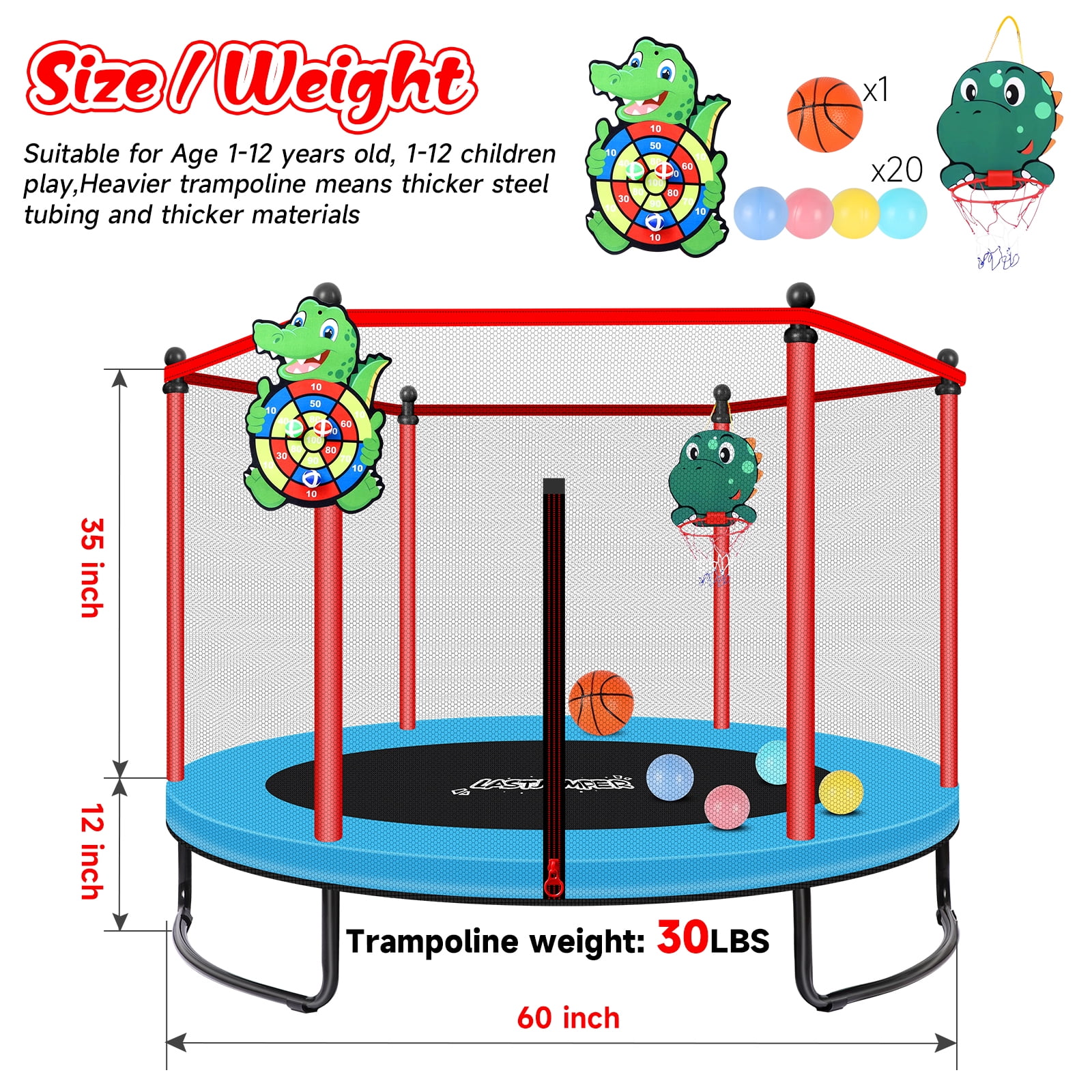LASTJUMPER 5FT Trampoline for Kids, 60"Mini Indoor & Outdoor Small Toddler Trampoline with Basketball Hoop, Dart Board, Ocean Ball ,Baby Trampoline Toys, Birthday Gifts for boy,Blue