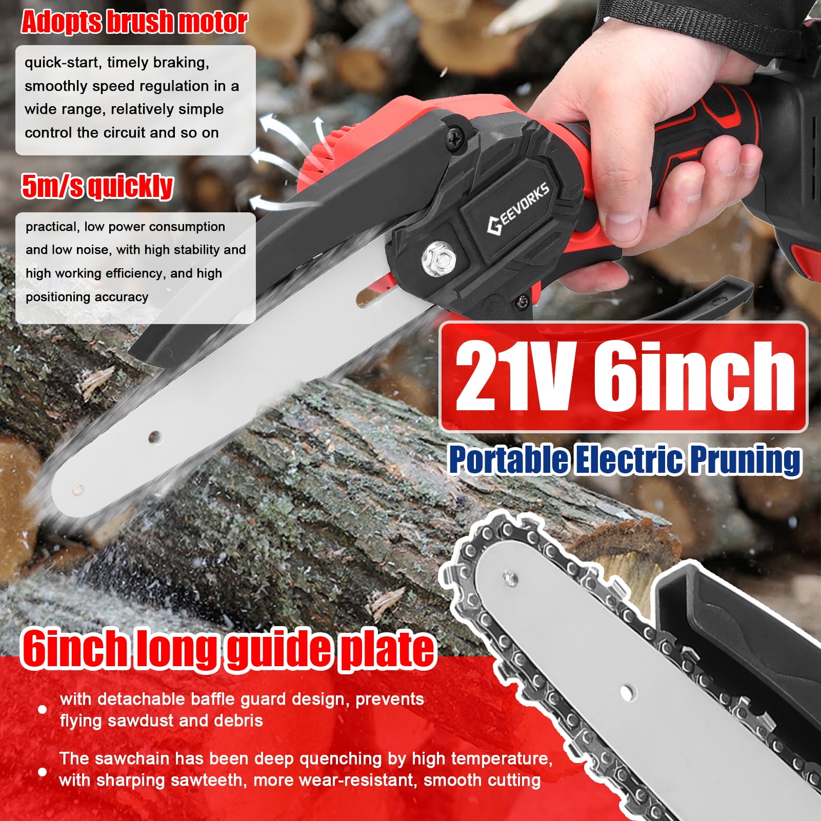 6inch 21V 6inch Portable Electric Chainsaw And 25mm Cordless Pruning Shear Set Wood Splitting Cutting Machine Kit Handheld Woodworking Tool For Garden Orchard