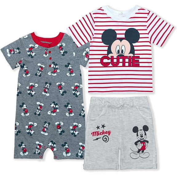 Disney Boy's Mickey Mouse Baby Shorts, Tee and Romper Toddler Clothes Set