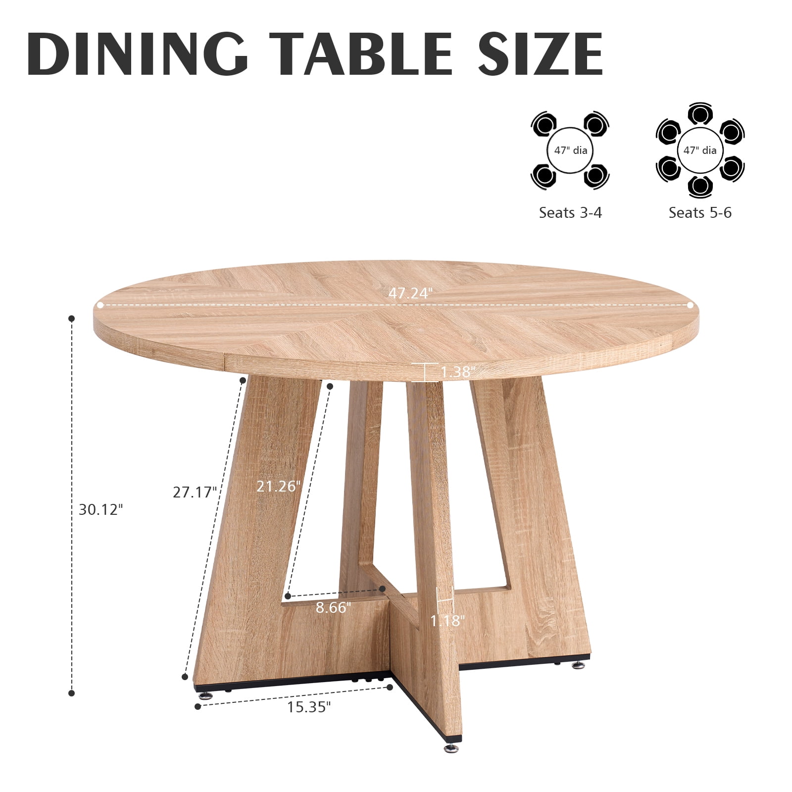 47 inch Round Dining Table, Farmhouse Circle Kitchen Table, Large Wood Dinner Table for 4, Wooden Pedestal Dinning Table for Dining Room, Mid Century Modern Style, Natural