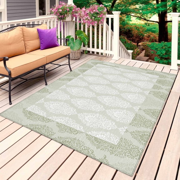 Sage Green Outdoor Rug 6x9 Ft, Non Slip Washable Area Rug, Vintage Elegant Abstract Art Patio Rugs Carpet Runner, Large Floor Mat for Indoor/Outdoor Deck Porch Camping