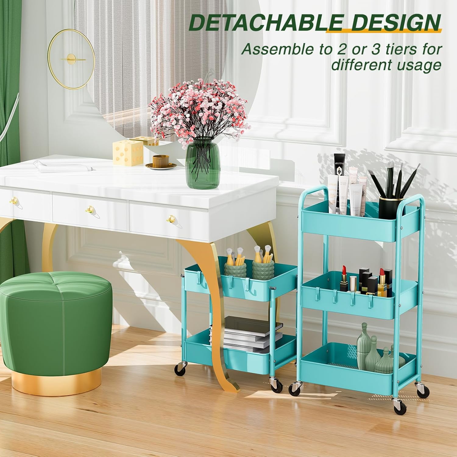 3 Tier Rolling Storage Cart, Metal Trolley Utility Cart with Wheels & Hooks, Easy Assembly Organizer Storage Cart for Bathroom Kitchen Office Bedroom (Blue)