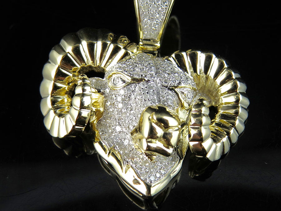 Unisex 10K Yellow Gold Aries Ram Zodiac Animal Diamond Pendant Charm 1.25ct  1.5