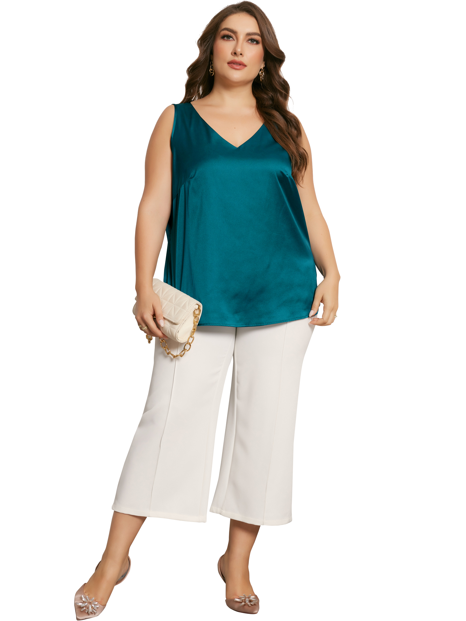 DARING DIVA Women's Plus Casual Silk Satin Tank Top V Neck Cami Blouse 2X Peacock Blue