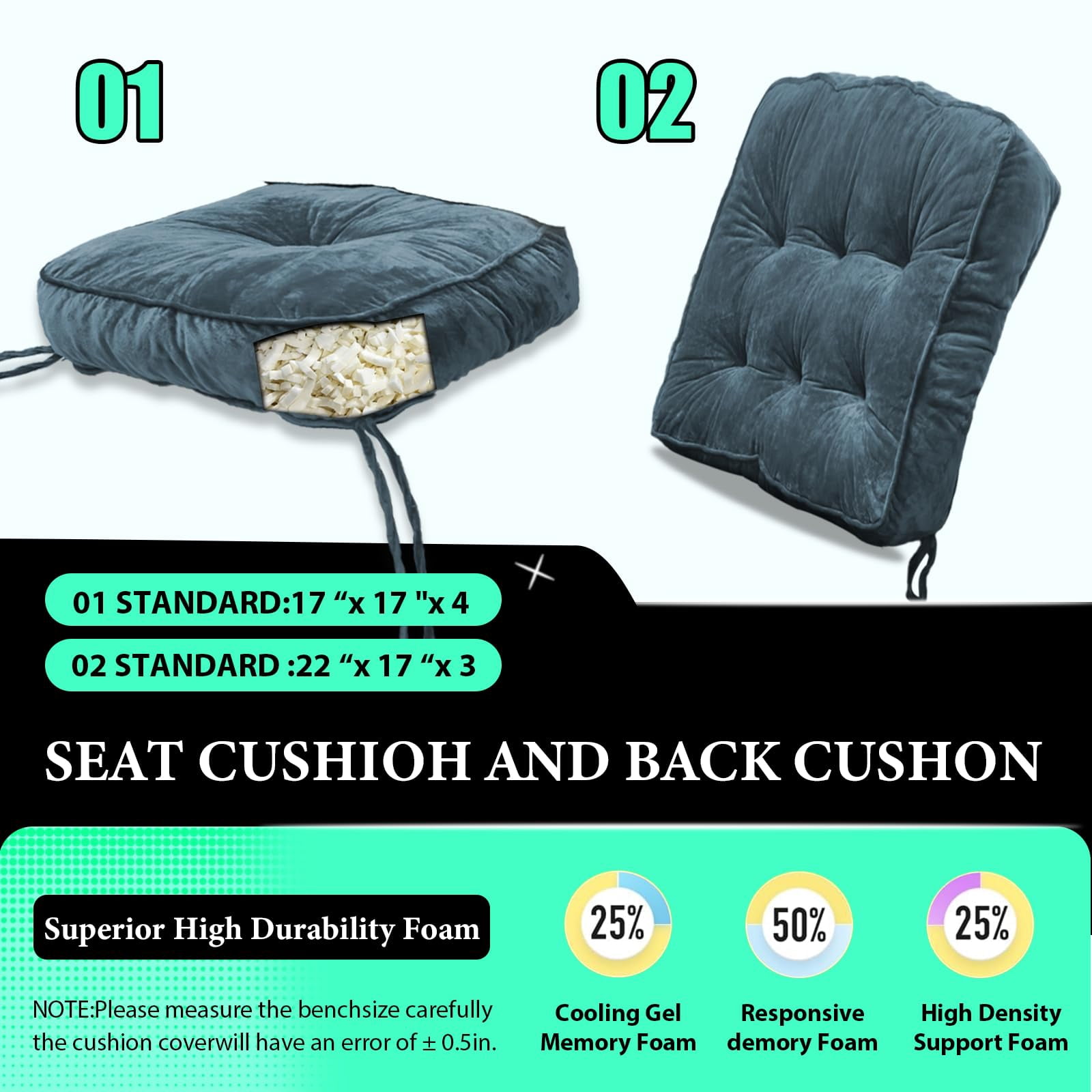 Rocking Chair Cushion, High-Density Sponge,Memory Foam Non Slip,FadeShield Thicken Durable Tufted Pads,Set of Seat & Back Cushion with Ties for Outdoor Rocker, 2 Piece, Blue,22x17x3/17x17x4