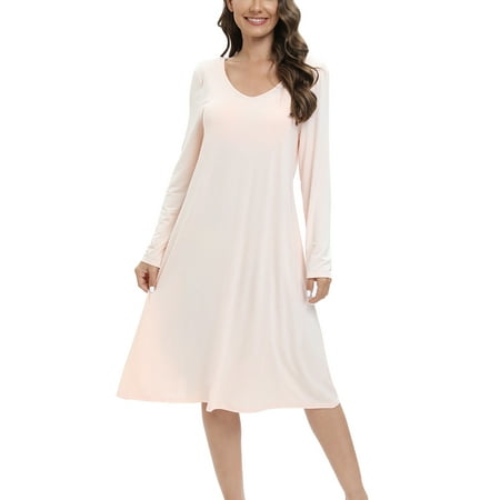 

WBQ Upgraded Women Modal Nightgown with Built in Bra Pad Nightshirt Long Sleeve Sleepwear with Chest Pads Mid-Length Solid Color Soft Nightdress S-XXL