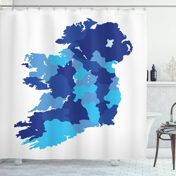 Ireland Map Shower Curtain, Monochrome Interpretation of Country Map Informational Image, Fabric Bathroom Set with Hooks, 69W X 70L Inches, White Blue and Dark Blue, by Ambesonne
