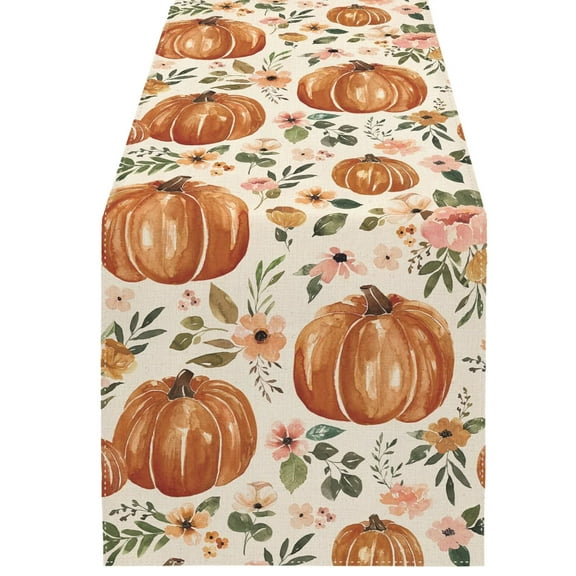 Fall Rectangular Tablecloth, 13"x 72" Harvest Watercolor Orange Pumpkin Flower Leaf Table Cover, for Halloween Thanksgiving Autumn Party Picnic Dinner Decor