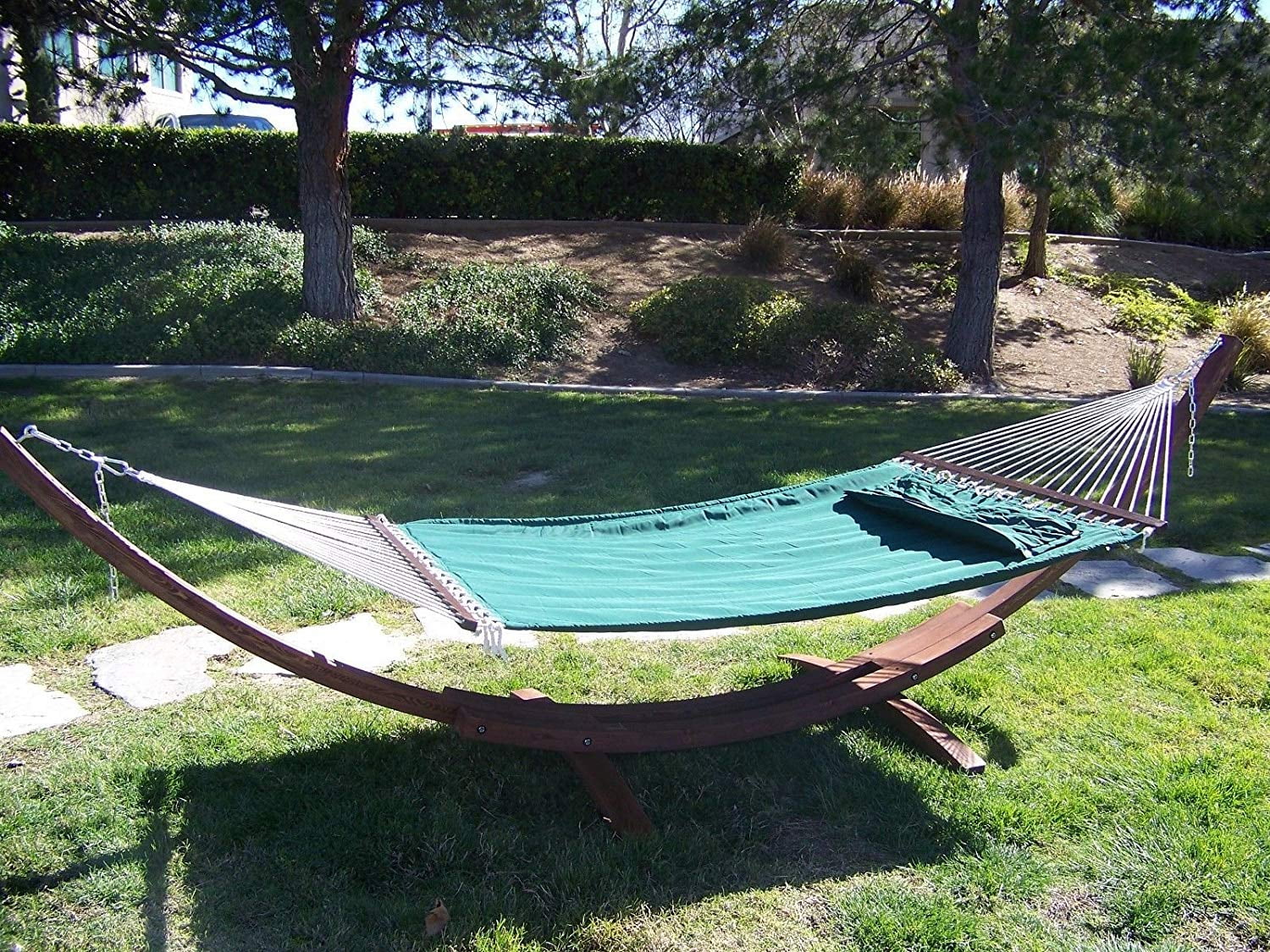 Petra Leisure 14 Ft. Coffee Stain Wooden Arc Hammock Stand + Deluxe Quilted Elegant Hunter Green, Double Padded Hammock Bed w/Pillow. 2 Person Bed. 450 LB Capacity&nbsp;